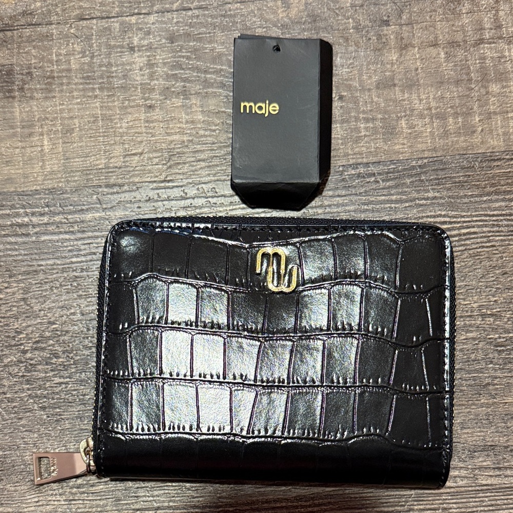 Maje Black Croc-Embossed Zip Wallet